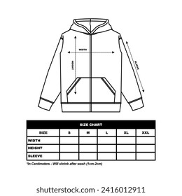 Zip up hoodie sweatshirt Size Chart. technical drawing fashion flat sketch vector illustration