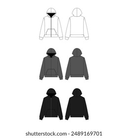 Zip Hoodie Vector Flat Technical Illustration Zip Up Hoodie Fashion Design Template Vector CAD Zip Hoodie Mock-up Zip Hoodie Mockup Template Streetwear 