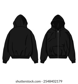 zip up Hoodie Vektor Vorlage Illustration. Vorder- und Rückseite. überdimensioniert. Schulter fallen lassen. Unisex. Schwarz, Farbe. 