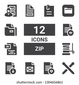 zip icon set. Collection of 12 filled zip icons included Knitting neddles, File, Yarn, Js, Files, Attached file
