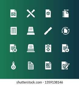 zip icon set. Collection of 16 filled zip icons included File, Threader, Thimble, Knitting neddles