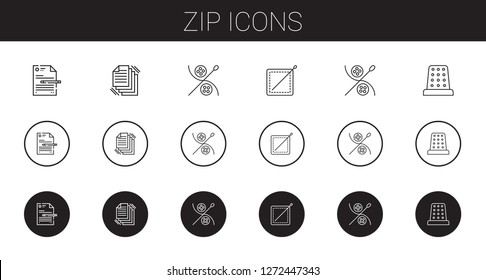 zip icons set. Collection of zip with file, files, sewing, thimble. Editable and scalable zip icons.