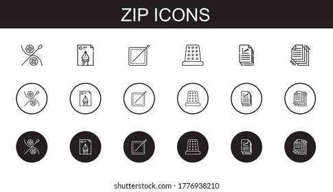 zip icons set. Collection of zip with sewing, file, thimble, files. Editable and scalable zip icons.