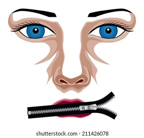 Zip It is an illustration of a woman's face with her mouth closed with a zipper.