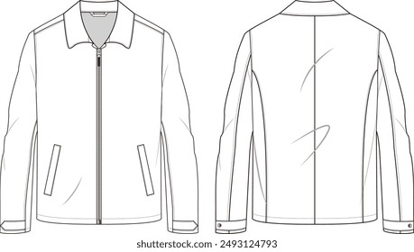 Chaqueta de cremallera de ajuste suelto diseño plano ilustración de boceto, práctica chaqueta funcional con vista frontal y posterior, chaqueta de invierno para hombres y mujeres. Adecuado para ropa exterior casual de todos los días.