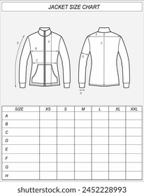 Zip up jacket size chart. Zipper sweatshirt front back sketch. Clothing measurements. Women CAD mockup. Technical drawing template Vector illustration