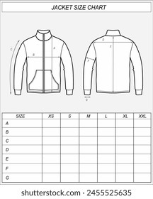 Tabla de tallas de chaqueta con cremallera. Sudadera con cremallera en la parte delantera. Medidas de ropa. Maqueta CAD para hombre. Ilustración vectorial de Plantilla de plano técnico