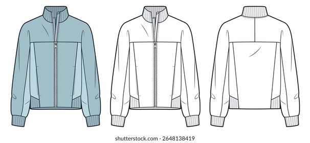 Zip Up Jacket technical fashion illustration. Sweatshirt fashion flat technical drawing template, high collar, front and back view, pockets, white, blue green, women, men, unisex CAD mockup set.