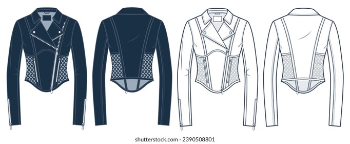 Ilustración técnica de la Chaqueta de cuero Zip Up. Moda de la Chaqueta Biker plantilla de dibujo técnico plano, corsé, corte, ajuste delgado, frontal, retrovisor, blanco, azul profundo, mujeres Uterwear CAD conjunto de maquillaje