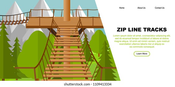 Zip Line Activity Web Banner Concept, Vector Illustration. Flat Trees, Forest, Wooden Playground And Mountains Landscape. Ziplining Activity For The Family In Summer Time.