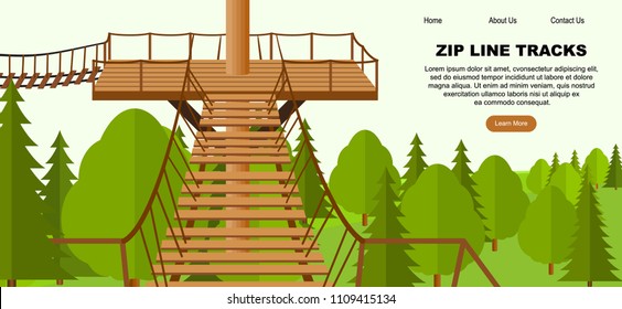 Zip Line Activity Web Banner Concept, Vector Illustration. Flat Trees, Forest, Wooden Playground Background. Ziplining Activity For The Family In Summer Time.