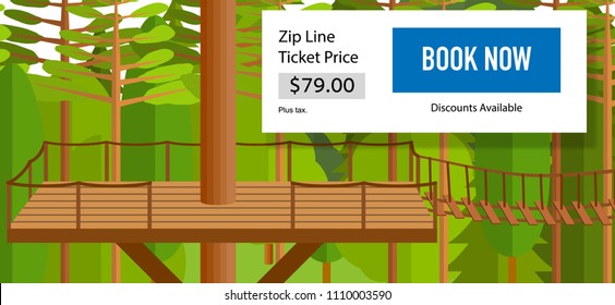 Zip Line Aerial Runway Web Banner With Ticket Price, Vector Illustration. Flat Trees, Forest Landscape, Wooden Playground. Ziplining Activity For The Family In Summer Time.