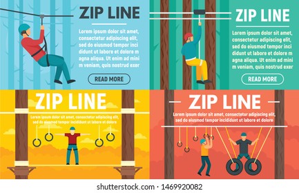 Zip Line Banner Set. Flat Illustration Of Zip Line Vector Banner Set For Web Design
