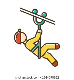 Zip line color icon. Canopy tour. Person with pulley on cable. Wire descend. Man sliding down rope. Extreme sport. Isolated vector illustration
