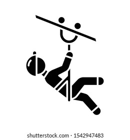 Zip line glyph icon. Canopy tour. Person with pulley on cable. Wire descend. Man sliding down rope. Extreme sport. Silhouette symbol. Negative space. Vector isolated illustration