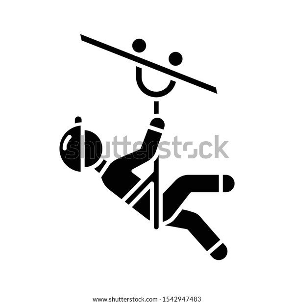 Zip Line Glyph Icon Canopy Tour Person With Pulley On Cable Wire Descend Man Sliding Down Rope Extreme Sport Silhouette Symbol Negative Space Vector Isolated Illustration