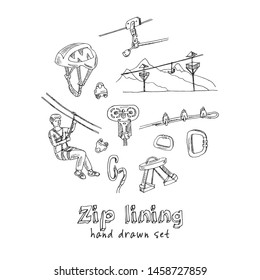 Zip line hand drawn doodle set. Vector illustration. Isolated elements on chalkboard background. Symbol collection.