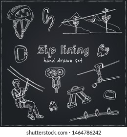 Zip line hand drawn doodle set. Vector illustration. Isolated elements on chalkboard background. Symbol collection.
