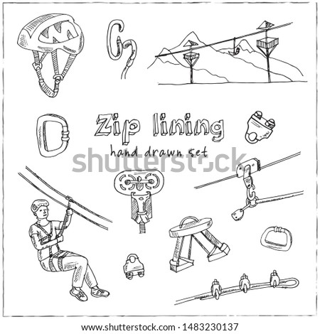Zip line hand drawn doodle set. Vector illustration. Isolated elements on white background. Symbol collection.