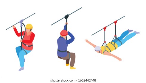 Zip line icons set. Isometric set of zip line vector icons for web design isolated on white background