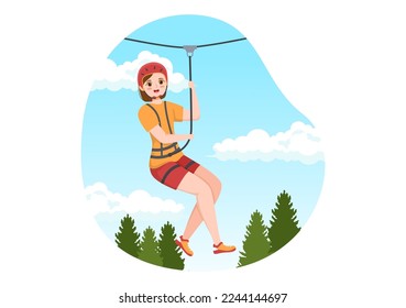 Zip Line Illustration with Visitors Walking on an Obstacle Course and Outdoor Rope Adventure Park in Forest in Flat Cartoon Hand Drawn Templates