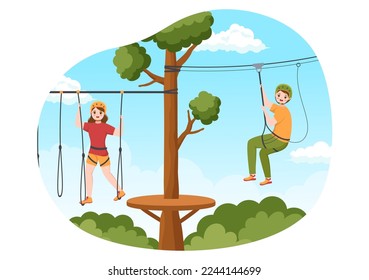 Zip Line Illustration with Visitors Walking on an Obstacle Course and Outdoor Rope Adventure Park in Forest in Flat Cartoon Hand Drawn Templates