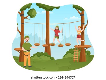 Zip Line Illustration with Visitors Walking on an Obstacle Course and Outdoor Rope Adventure Park in Forest in Flat Cartoon Hand Drawn Templates