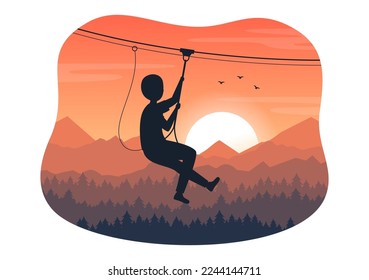 Zip Line Illustration with Visitors Walking on an Obstacle Course and Outdoor Rope Adventure Park in Forest in Flat Cartoon Hand Drawn Templates