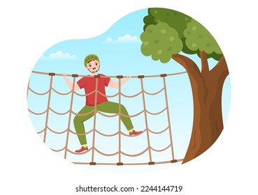 Zip Line Illustration with Visitors Walking on an Obstacle Course and Outdoor Rope Adventure Park in Forest in Flat Cartoon Hand Drawn Templates