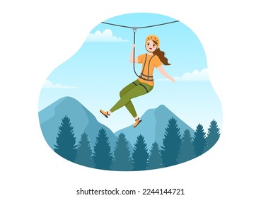 Zip Line Illustration with Visitors Walking on an Obstacle Course and Outdoor Rope Adventure Park in Forest in Flat Cartoon Hand Drawn Templates