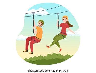 Zip Line Illustration with Visitors Walking on an Obstacle Course and Outdoor Rope Adventure Park in Forest in Flat Cartoon Hand Drawn Templates