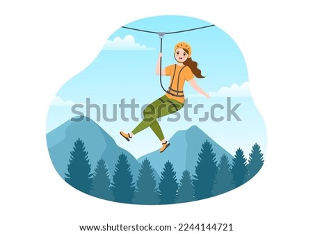 Zip Line Illustration with Visitors Walking on an Obstacle Course and Outdoor Rope Adventure Park in Forest in Flat Cartoon Hand Drawn Templates