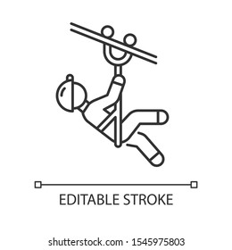 Zip line linear icon. Canopy tour. Person with pulley on cable. Wire descend. Man sliding down rope. Thin line illustration. Contour symbol. Vector isolated outline drawing. Editable stroke