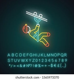 Zip line neon light icon. Canopy tour. Person with pulley on cable. Wire descend. Man sliding down rope. Extreme sport. Glowing sign with alphabet, numbers and symbols. Vector isolated illustration