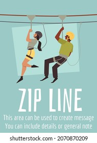 Zip line route part of Rope park attraction advertising banner or poster template, flat vector illustration. Promo banner for rope park activity and entertaining.