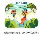 Zip Line Vector Illustration with Visitors Walking on an Obstacle Course and Outdoor Rope Adventure Park in a Forest on Flat Kids Cartoon Background