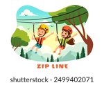 Zip Line Vector Illustration with Visitors Walking on an Obstacle Course and Outdoor Rope Adventure Park in a Forest on Flat Kids Cartoon Background