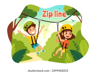 Zip Line Vector Illustration with Visitors Walking on an Obstacle Course and Outdoor Rope Adventure Park in a Forest on Flat Kids Cartoon Background