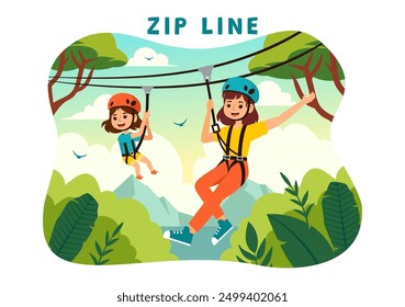 Zip Line Vector Illustration with Visitors Walking on an Obstacle Course and Outdoor Rope Adventure Park in a Forest on Flat Kids Cartoon Background