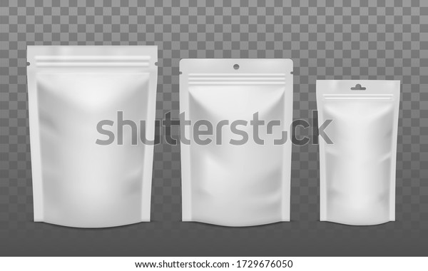 Zip package. Blank foil bags of\
different size, plastic sachet pouch for coffee, candy or nuts.\
Packaging for advertising vector isolated\
mockups