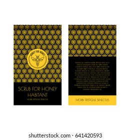 Zip package vector template for honey scrub. Luxurious design with gold and black. Label with the logo of a flying bee. For eco products of beekeeping, cosmetics, medicine. In a linear style.