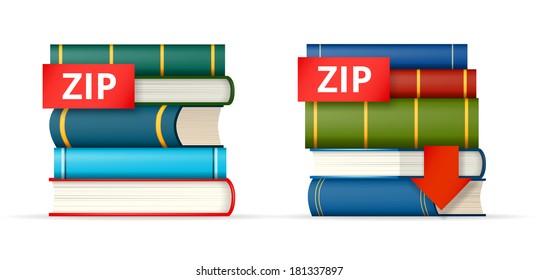 ZIP paked books icons, stack of books and download button, vector illustration