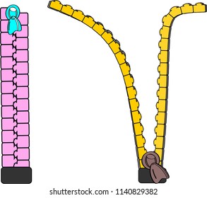 Zip, pink and yellow stripes Vector background for decorative fabric, cute cartoon and blank objects, abstract white background, seams and openings - zipper closure, vector illustration.