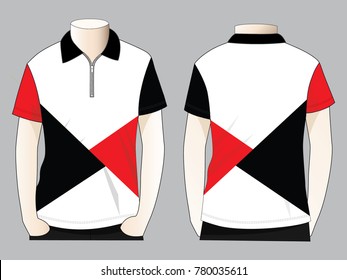 Zip Placket Short Sleeve Polo Shirt with Triangle Style Design on Gray Background. Front and Back Views, Vector File.