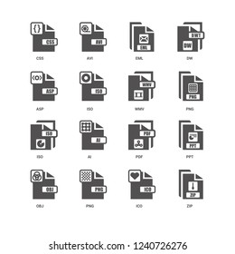 Zip, Png, Wmv, Obj, Ppt, Css, Asp, Iso, Ico, Eml icon 16 set EPS 10 vector format. Icons optimized for both large and small resolutions.