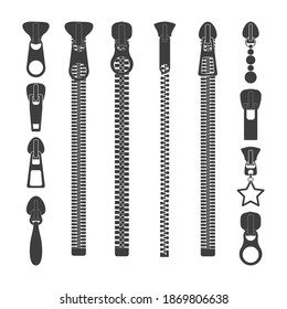 Zip pull icons. Zipper black silhouettes, closed and open zip lock stock collection, various forms textile and fabric zippers fastener, sewing tools for clothes and bags vector isolated on white set