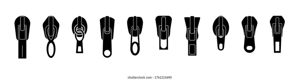 Zip pulls or zipper pullers, black zip lock stock collection isolated on white background. Closed and open zipper. Set of different lightnings. Vector illustration, eps 10.