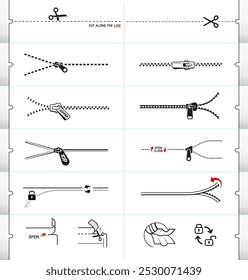 Vektorsymbol-Set für Reißverschluss und Schere. Jedes Symbol ist perfekt für Ihre Essensbeutel, Kleidung Vakuumbeutel, Handtaschen, Schieber Taschen, Reißverschluss Tasche.
Easy zeigt klare Anleitung zum Öffnen, schließen. EPS10. 