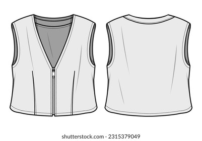 Zip Up V-Neck Sleeveless Crop Top Front and Back View. Fashion Illustration, Vector, CAD, Technical Drawing, Flat Drawing, Template, Mockup