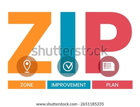 ZIP - Zone Improvement Plan the acronym to indicate that mail travels more quickly when senders mark the postal code on their packages and envelopes, text concept background